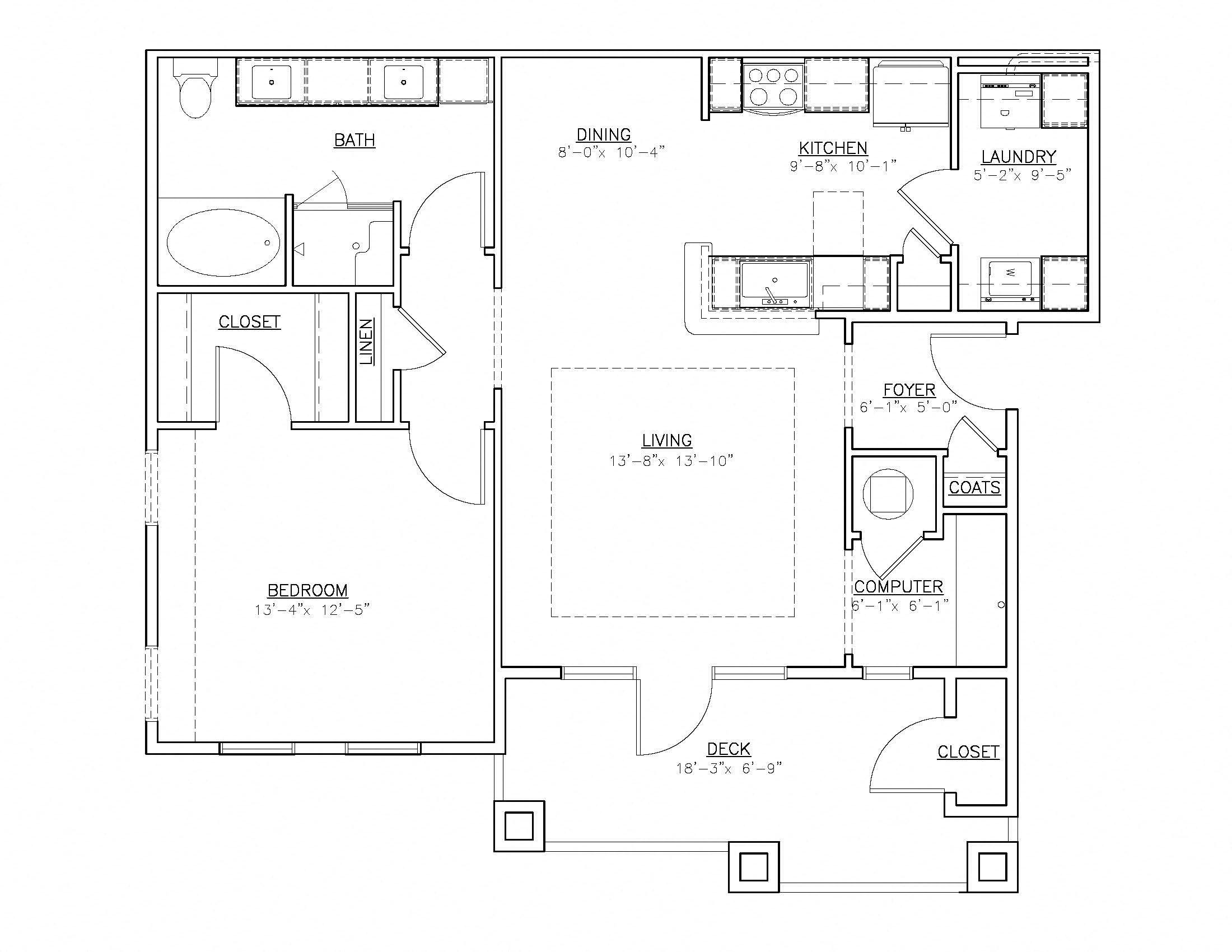 Floor plan for 1 bed, 1 bath, 972 sqft